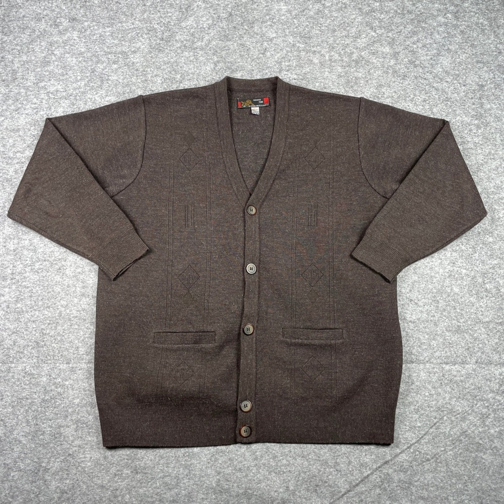 Vintage 80s Cardigan Sweater Mens 120 (Fits XL) Brown 100% Wool V-Neck Xiong Shi
